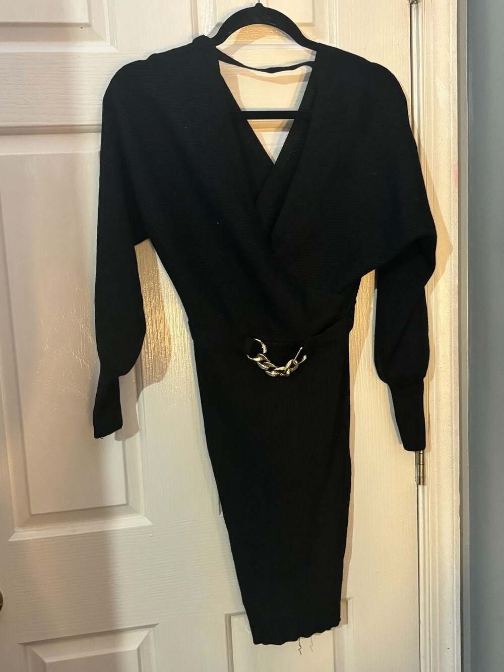 Rosie Harlow Black Ribbed Knit Dolman-Sleeve Dress Gold Detail Small